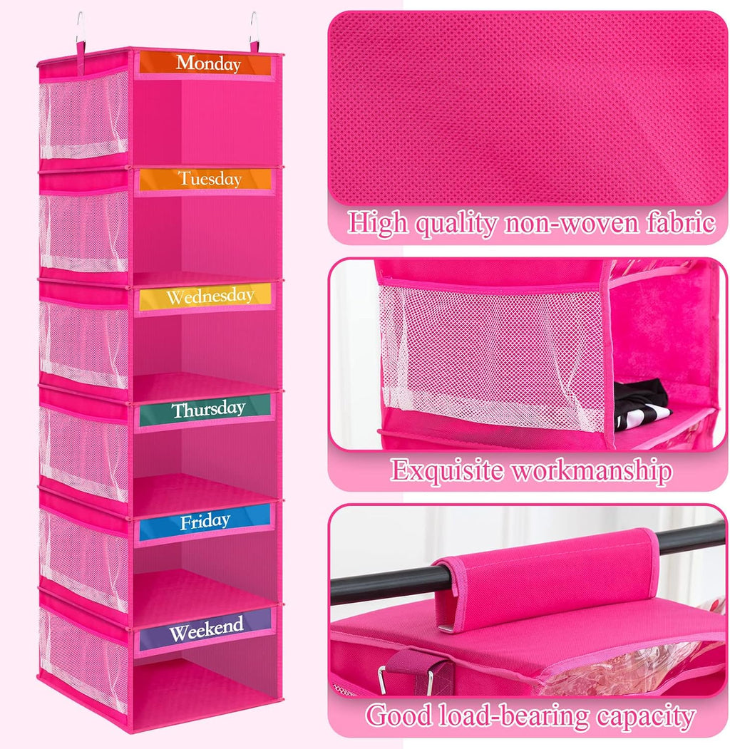 2 Pcs 6 Shelf Hanging Weekly Clothes Organizer for Kid,Rose Red | Closet Organization, Hanging Closet Shelves with Side Pockets, Labeled Shelves with Days of The Week Monday Through Weekend