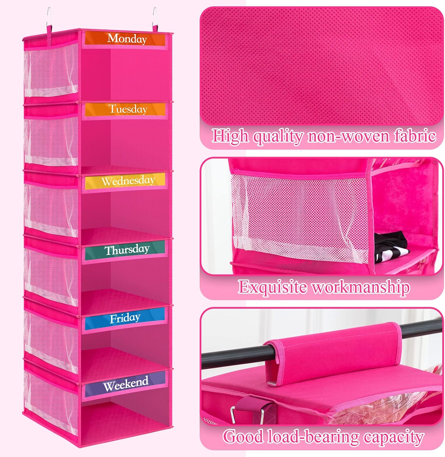2 Pcs 6 Shelf Hanging Weekly Clothes Organizer for Kid,Rose Red | Closet Organization, Hanging Closet Shelves with Side Pockets, Labeled Shelves with Days of The Week Monday Through Weekend