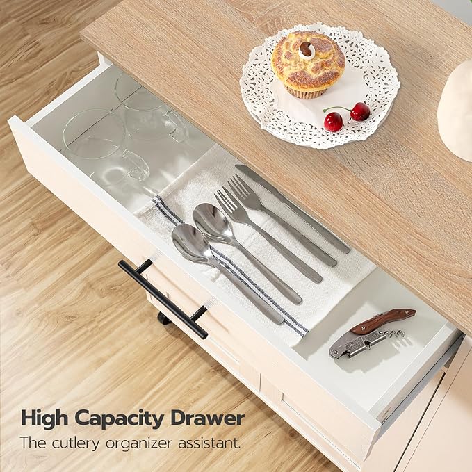 HOOBRO Kitchen Island with Power Outlet, Kitchen Storage Island with Spice Rack and Drawer, Rolling Kitchen on Wheels, for Home, Dining Room, Natural and White