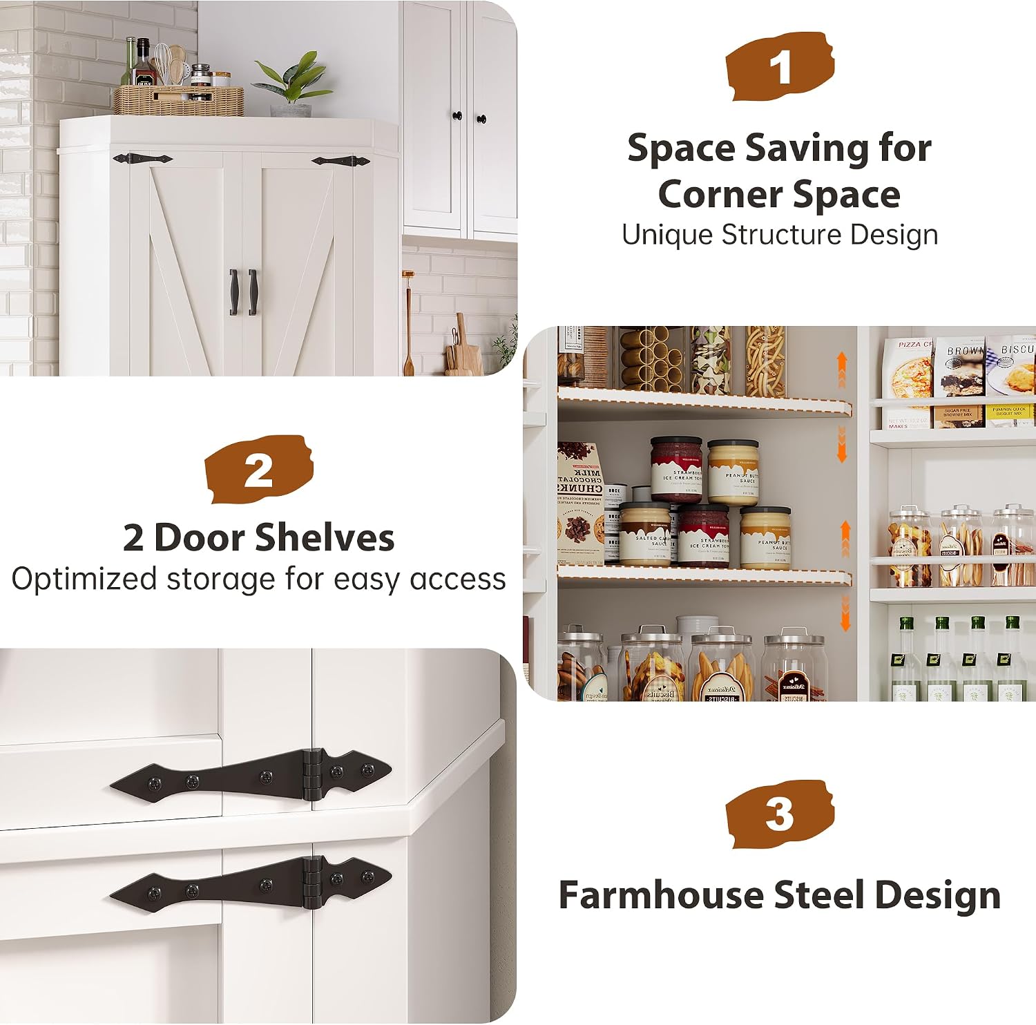 Jocoevol Corner Cabinet, Kitchen Pantry Storage Cabinet with 4 Doors and Shelves, Tall Food Pantry Storage Cabinet Farmhouse Furniture for Kitchen Dining Room, White
