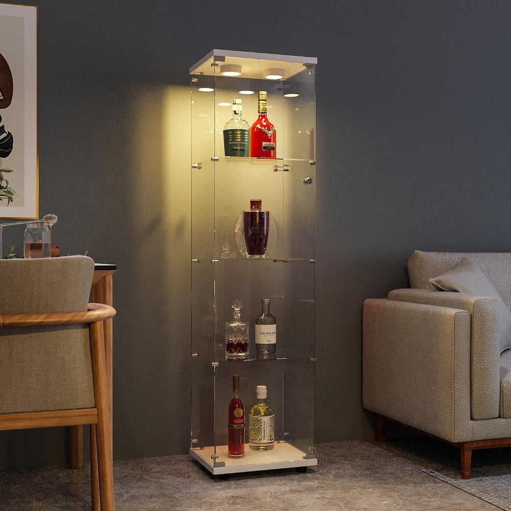 FANYUSHOW Display Cabinet with Glass Door and LED Light, 4-Tier Tempered Glas...
