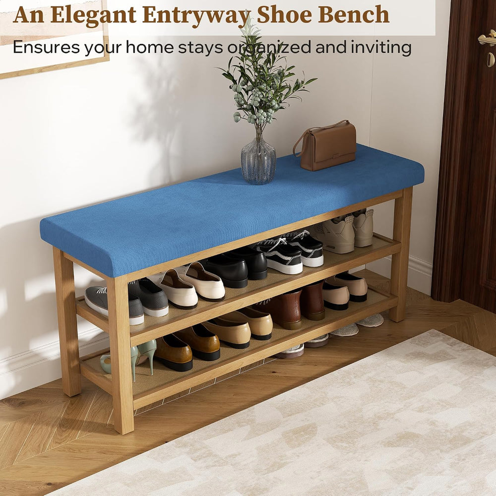 2 Tier Shoe Rack Bench with Cushion, Rubberwood Shoe Benches, Mid-Century Mod...