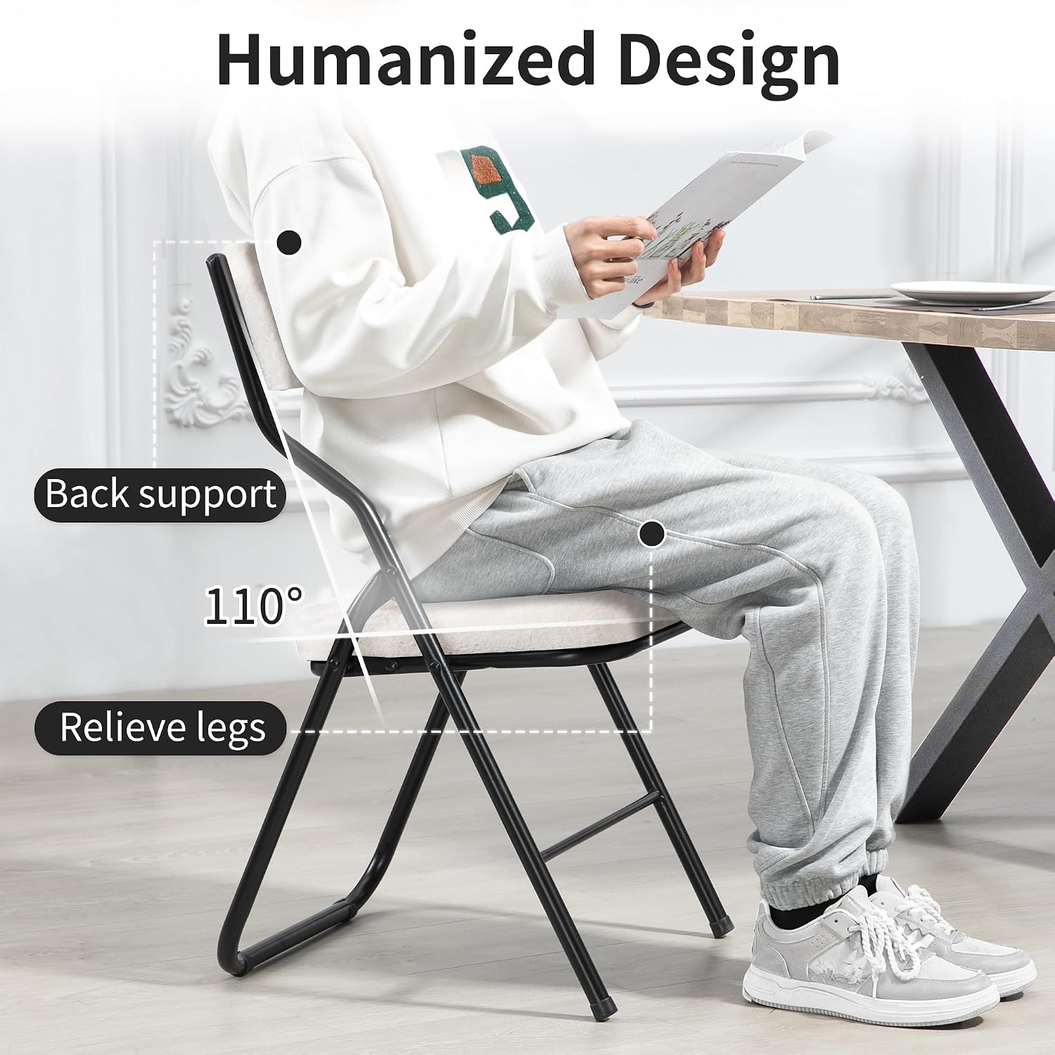 HOMEFUN Padded Folding Chairs 4 Pack - Foldable Dining Chair with Cushion, Portable and Assembled Extra Seat for Guests Kitchen Office Wedding Party Teddy White