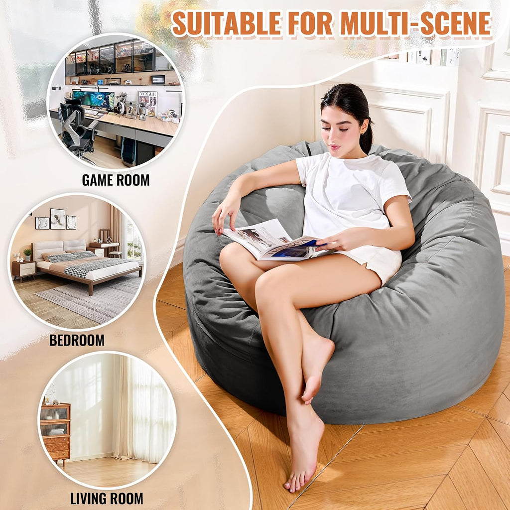4FT Giant Bean Bag Chair for Adults and Teens - Large Bean Bag Sofa with Premium Velvet Cover & High-Density Support Foam - Fluffy Lounge Chair for Gaming, Bedroom, Dorm (Grey, Taller Version)