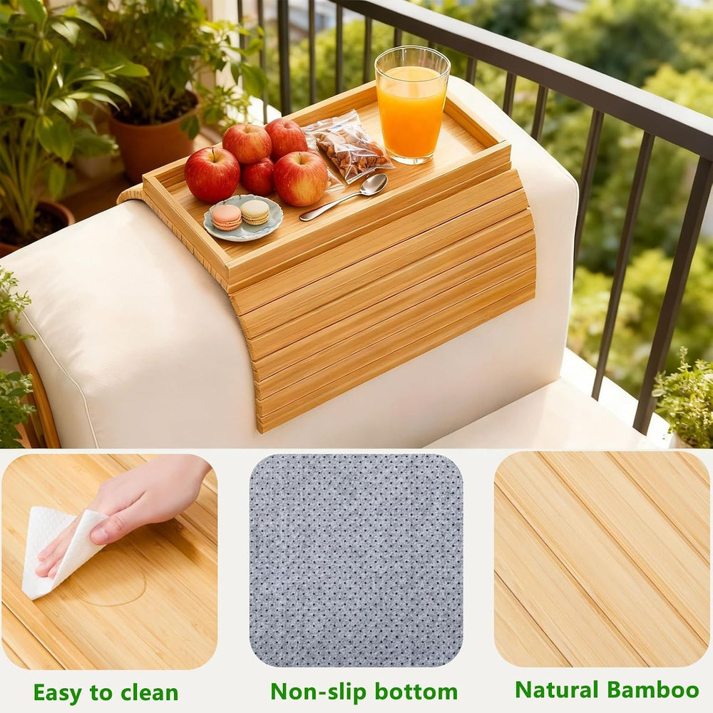 Bamboo Couch Arm Tray Table, Foldable Sofa Rest with Non-Slip Base Portable A...