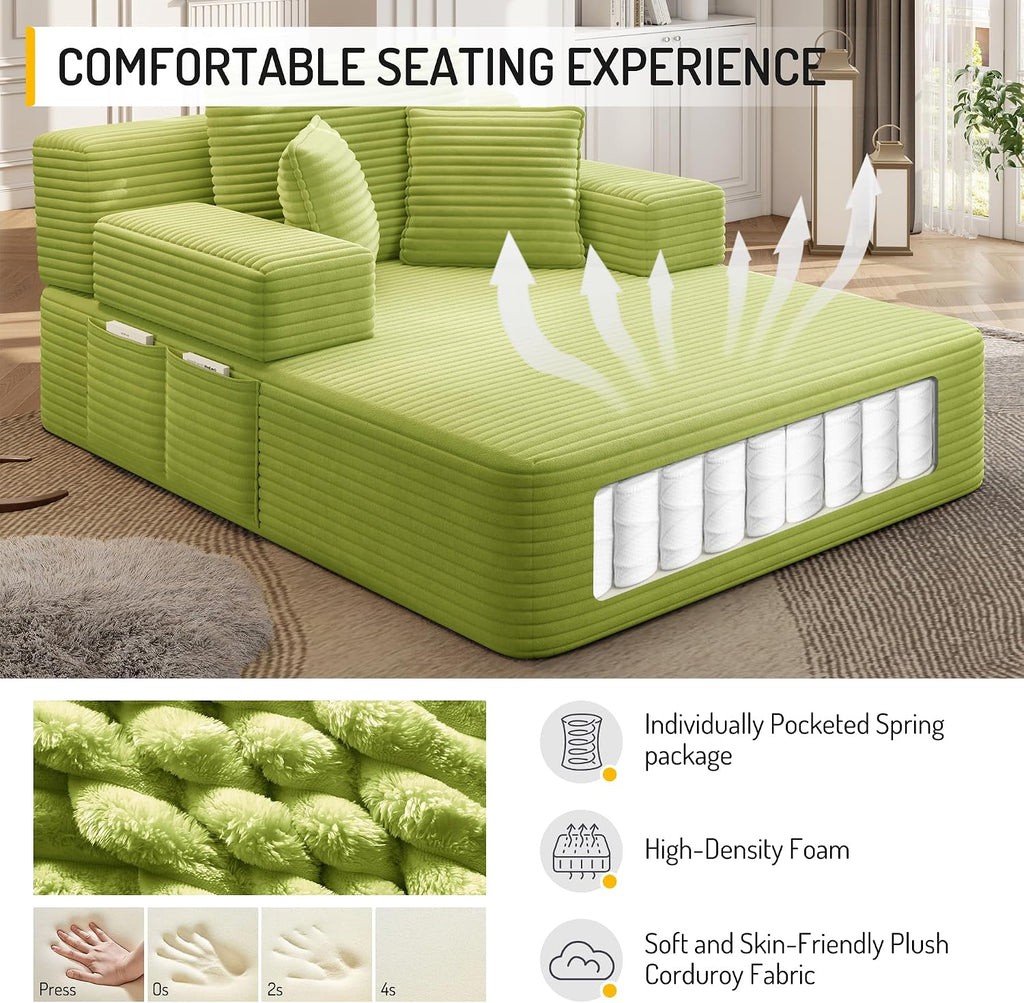 48.5" Boneless Chaise Lounge Chair Sofa Bed Indoor with Zip-Down Convertible Armrests & Backrest, Oversized Cloud Upholstered Compression Sleeper Couch Reading Chairs w/Side Pockets