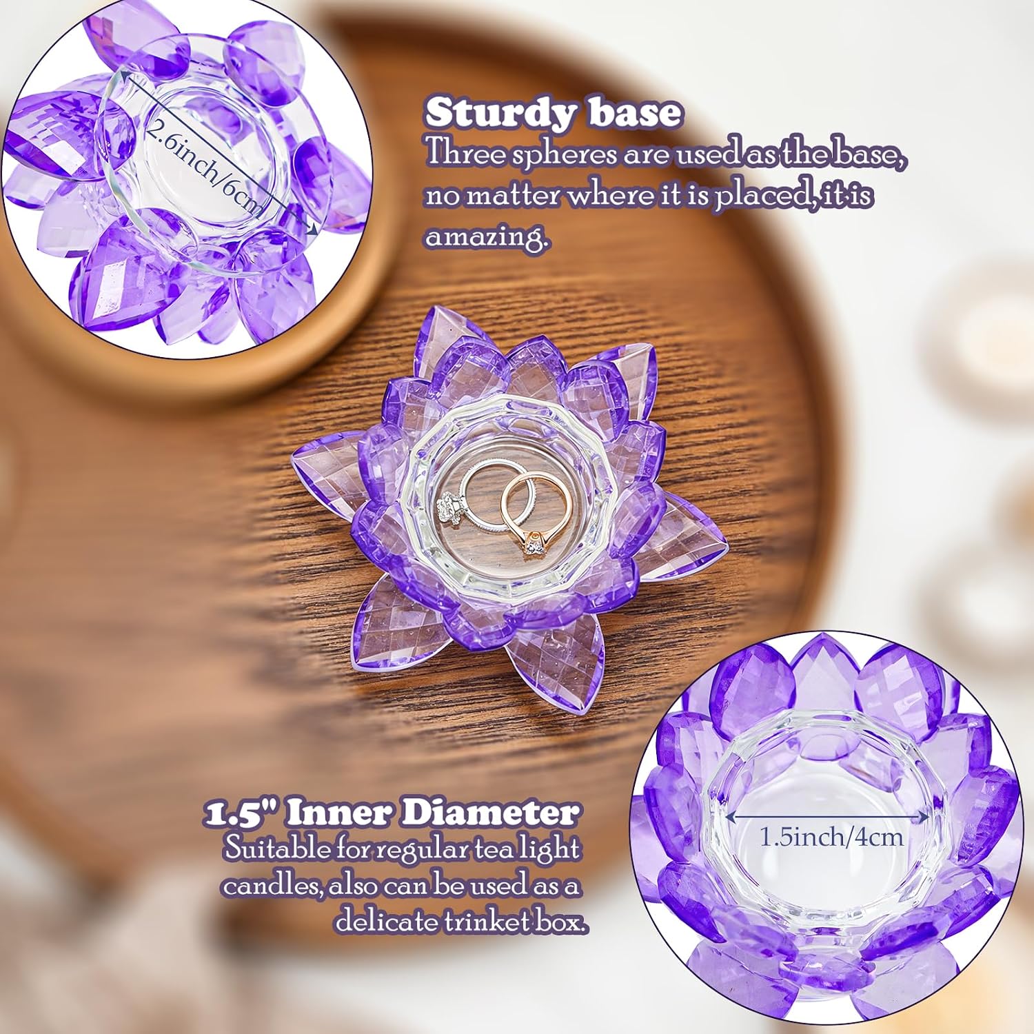 Crystal Flower Jewelry Tray, Luxury Transparent Decorative Trinket Dish for Rings, Earrings, Necklaces, Keys for Vanity Dresser Nightstand, Elegant Gift for Women Mother's Day (1, 4.4"(w) - Purple)