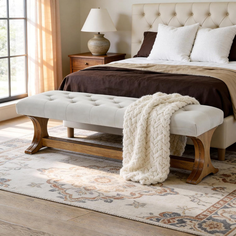 LITTLE TREE 55" Upholstered End of Bed Bench, Solid Wood Tufted Entryway...