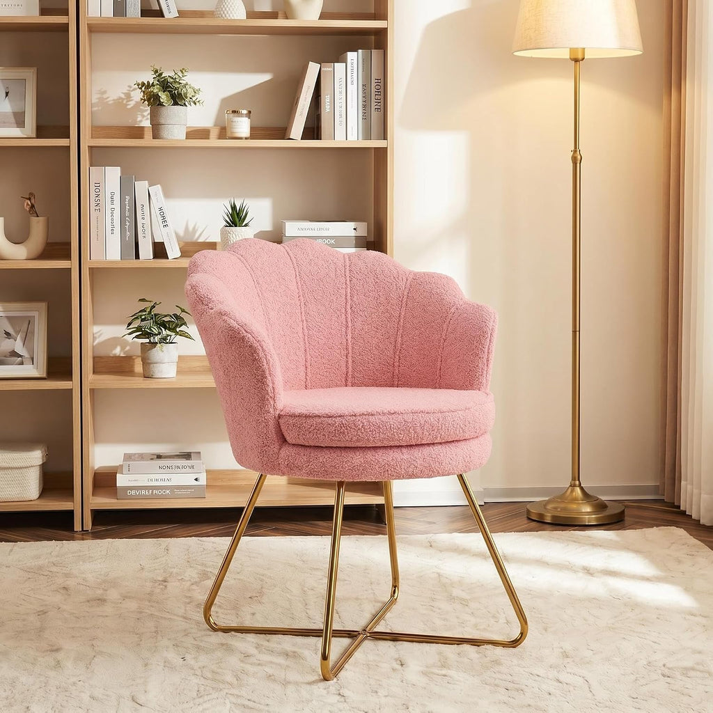 Furnimart Vanity Chair with Back, Shell Accent Chair for Living Room, Criss Cross Chair with Gold Legs, Makeup Chair for Bedroom Desk Chair no Wheels, Faux Fur Pink