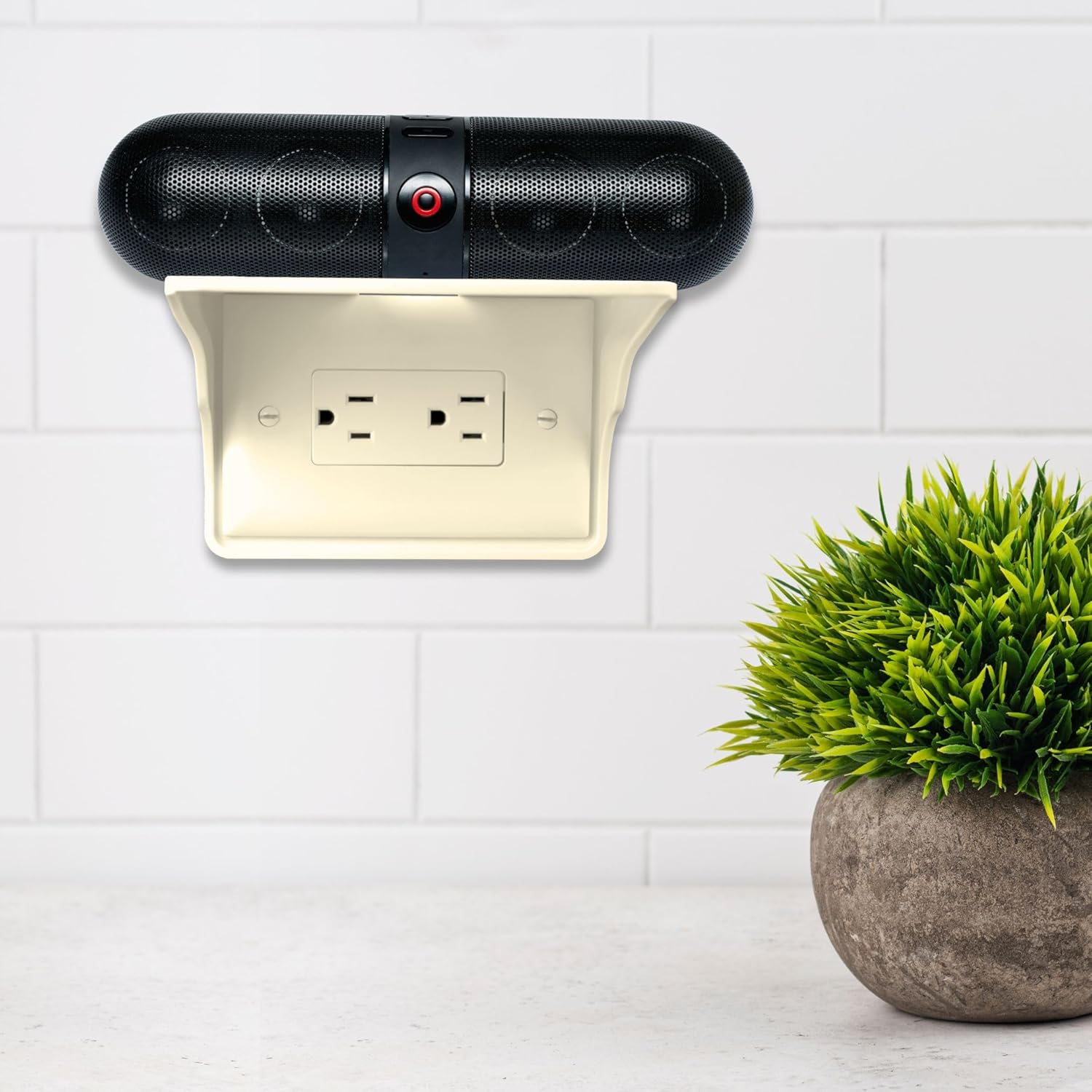 Power Perch Horizontal Wall Outlet Shelf with Cord Storage Strap - Declutter & Reclaim Bathroom Counter Space - Alexa Stand, Apple Homepod Shelf, Toothbrush Holders Wall Mounted - Almond, 1-Pack
