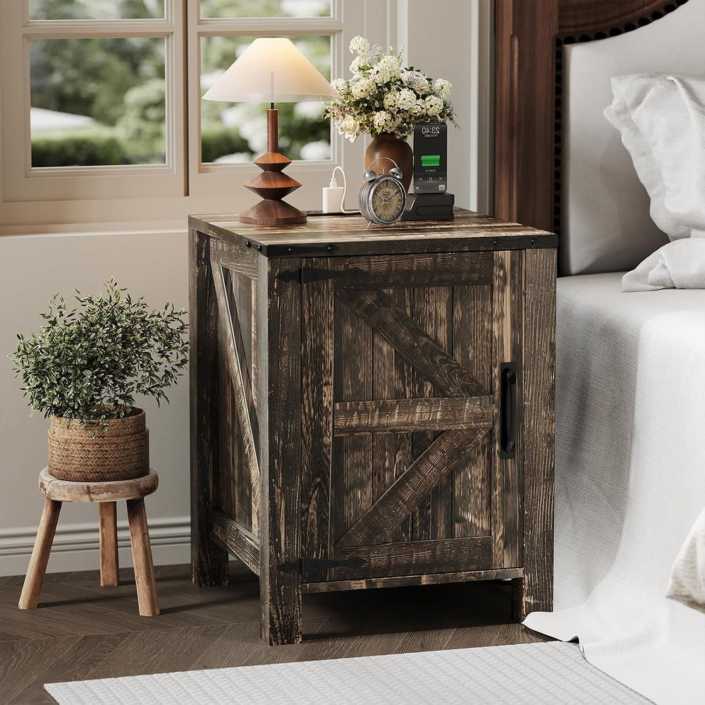 Takywep 18 Inch Nightstand with Charging Station, Farmhouse Wooden Bedside Ta...