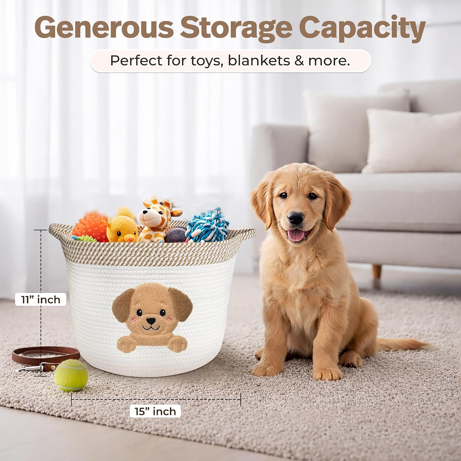 Golden Retriever and Lab Dog Toy Basket, Cotton Rope Storage Bin, 15x11 in | Pet Toy Storage, Blanket and Leash Organizer, Soft Felt Puppy Patch, Dog Mom Gift, Living Room and Crate Side Bin, Spot Clean