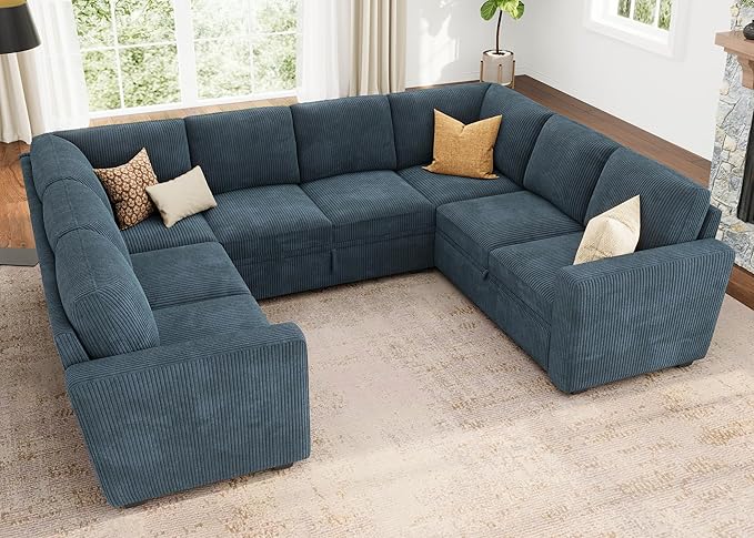 HONBAY Modular Sectional Couch with Pull Out Bed, Corduroy Sleeper Sofa with Storage Seats, U Shaped Sectional Couches for Living Room, Blue