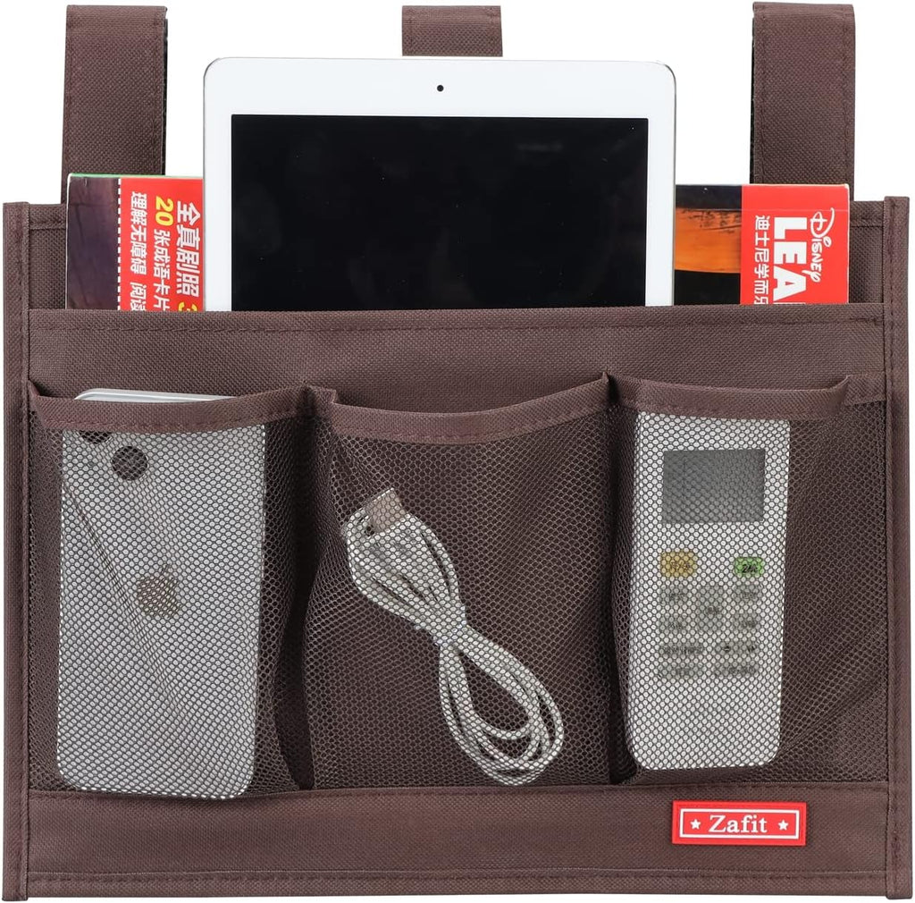 Hanging Bedside Caddy, Bedside Storage Organizer for Magazine, Phone, Remote control (Classic4 Pockets-Coffee)