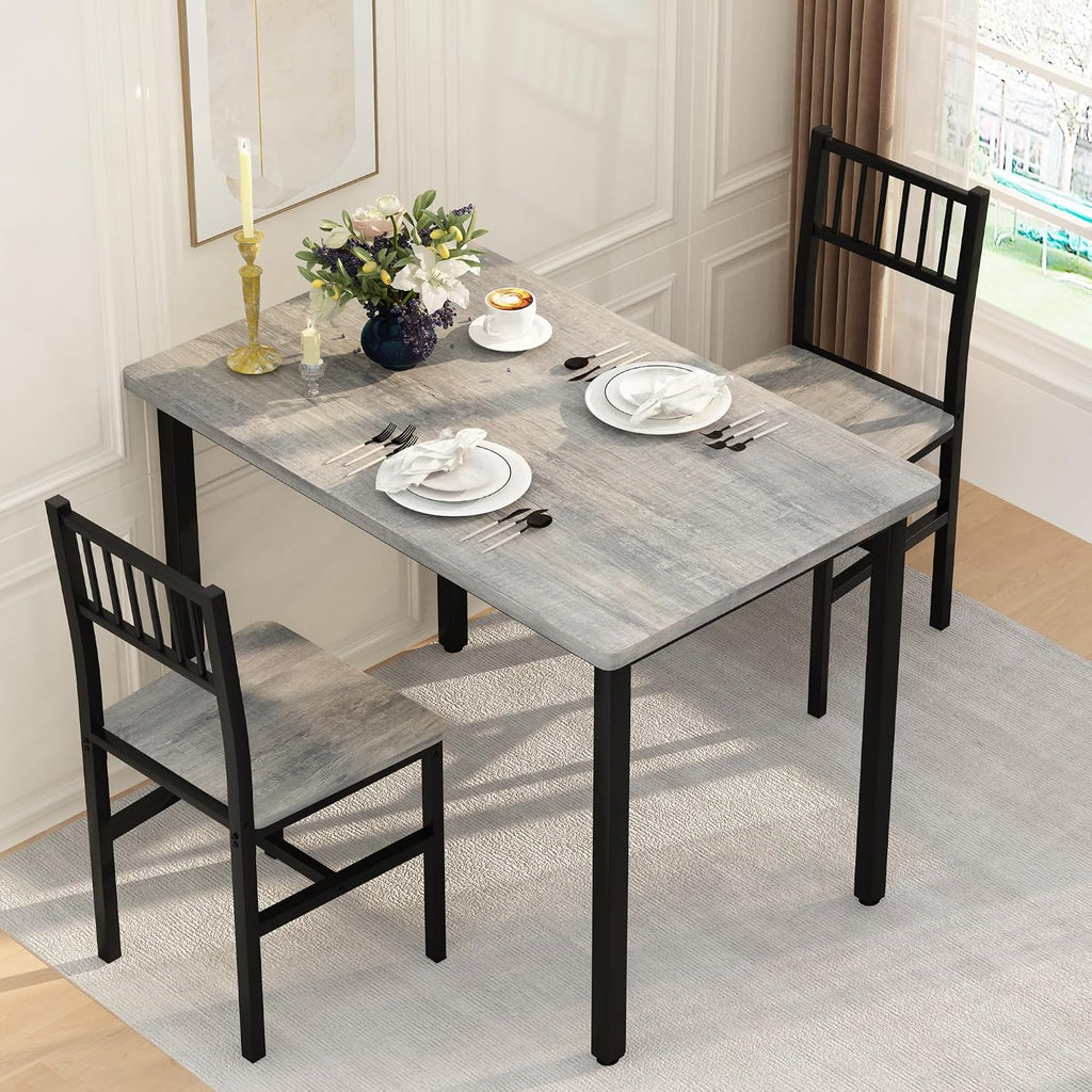 AWQM 3 Piece Dining Table Set for 2, Small Kitchen Table Set for 2 with Chairs,Wood Breakfast Nook Table and Chairs Set of 2,Dinette Set for Small Space,Dining Room,Apartment, Grey