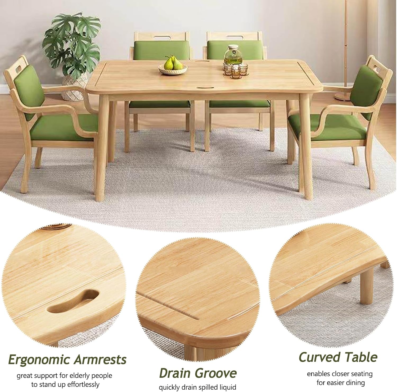 Wood Dining Table Set for 4, Rectangular Kitchen Dinner Table with Drain Groove Armrest,Ergonomic Upholstered Dining Chairs, Seniors Wooden Dining Room Furniture(1 Table + 6 Chairs, Walnut)