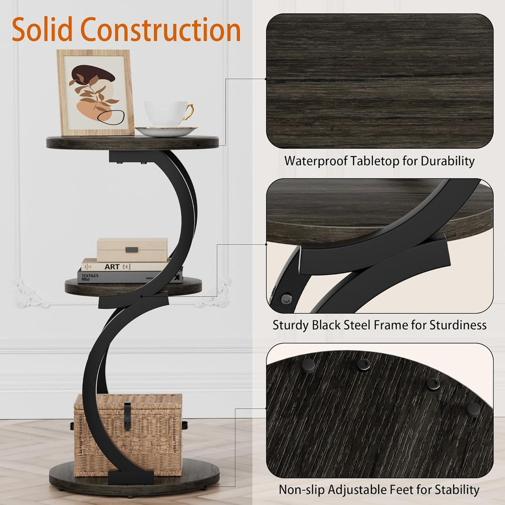 JUSTOGO Small Round Side Table, 3-Tier End Table for Living Room, Vintage Nightstand for Small Spaces Sofa Couch Corner Bedside Bedroom, S-Shaped Wood Accent Table Matel Coffee Table, Charcoal Grey