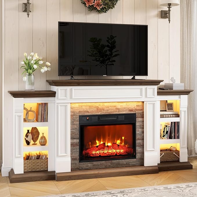 Naice 72" Electric Fireplace with Mantel and Cabinets, LED Light Fireplace TV Stand for TVs up to 80", 3D Realistic Flame Heater with Stacked Stone Surround for Living Room