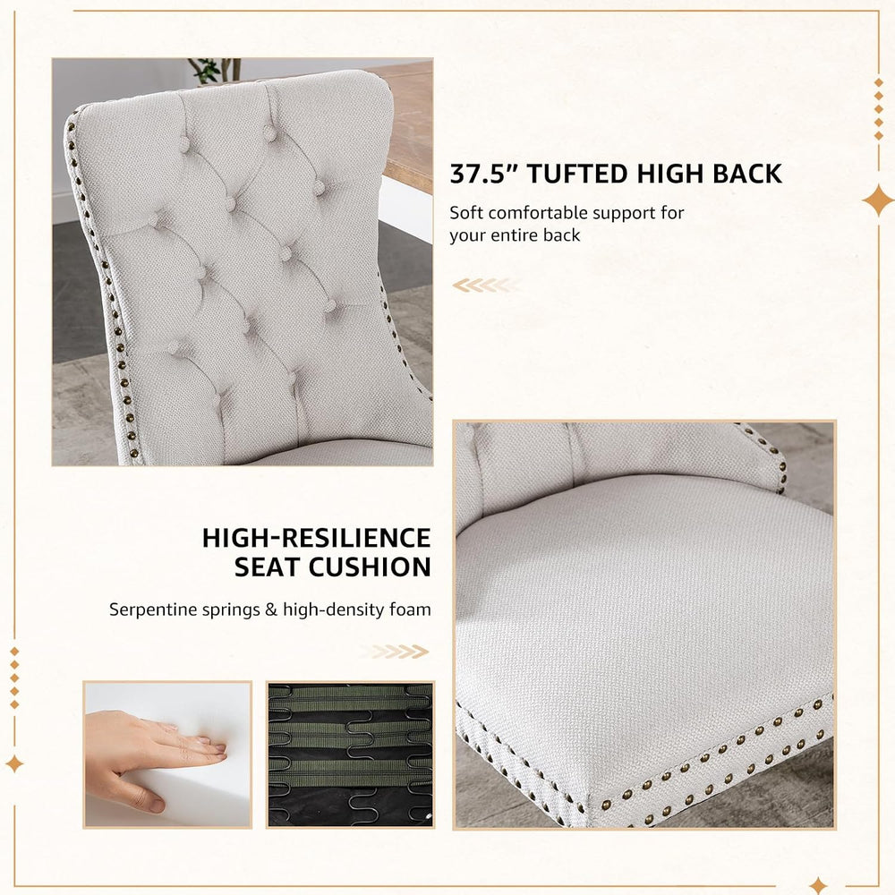 Linen Dining Chairs Set of 2, Tufted Upholstered High Wingback Chairs with Na...
