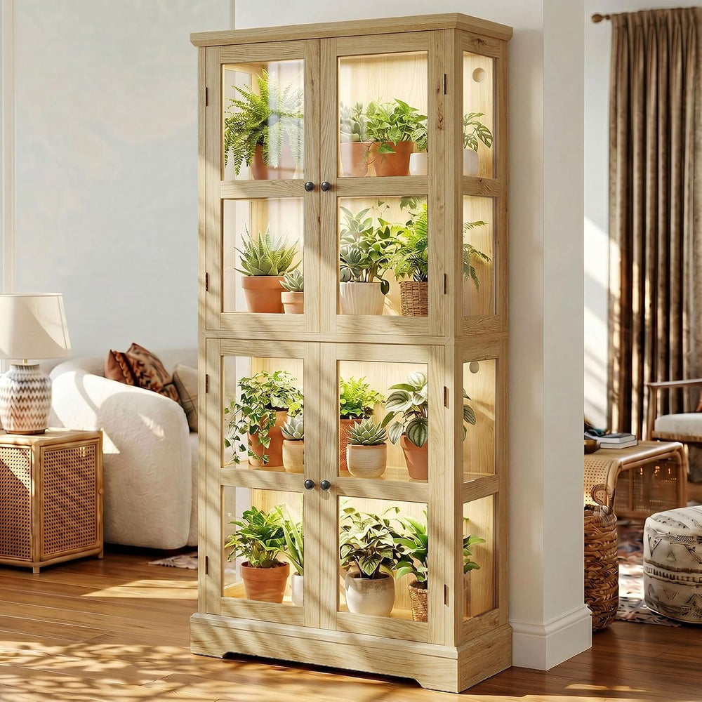 68" Tall Glass Display Cabinet with RGB LED Lights, Yellow Oak | 4-Tier ...
