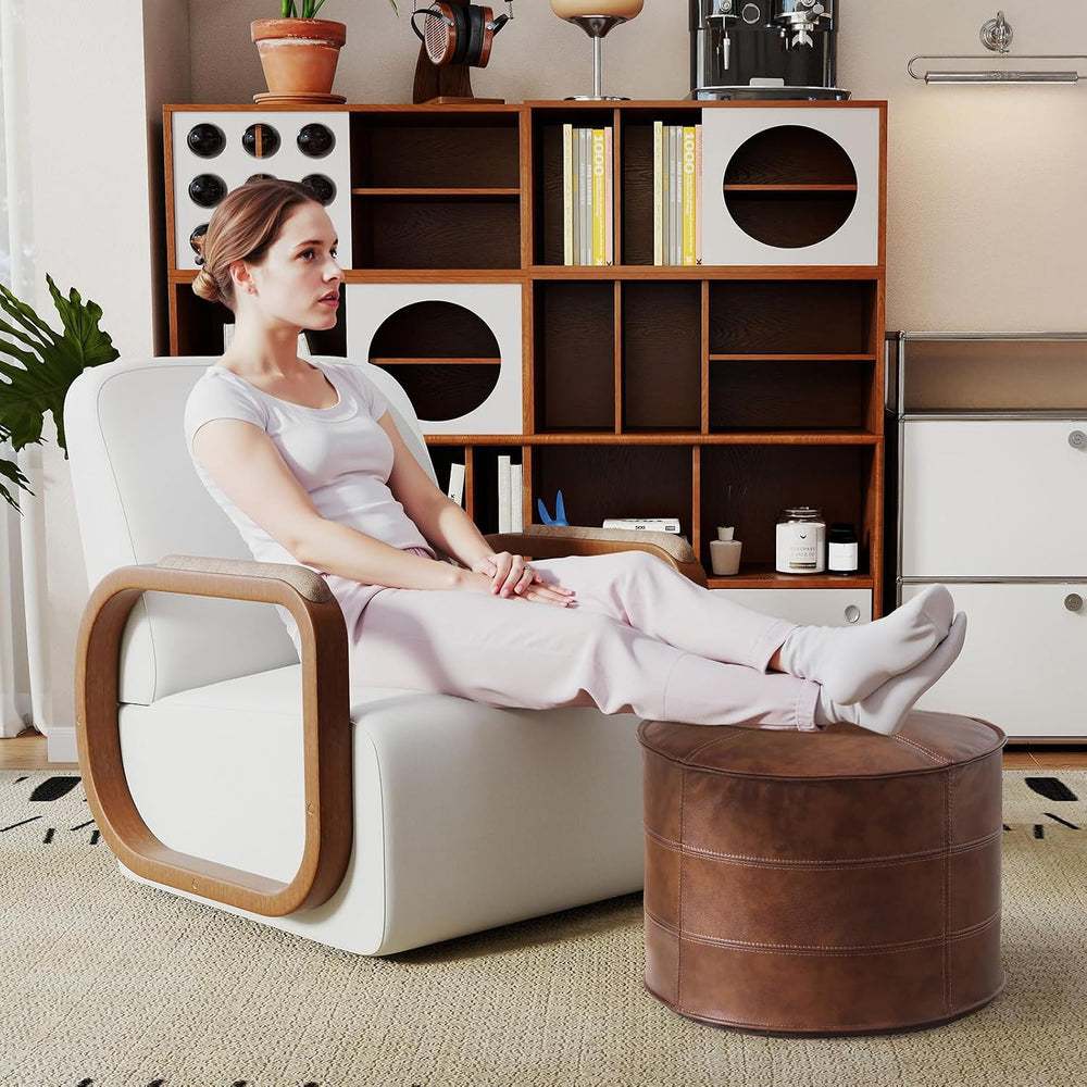 Couchus Genuine Leather Ottoman, Square Pouf Footstool (Round, Brown) | Moder...