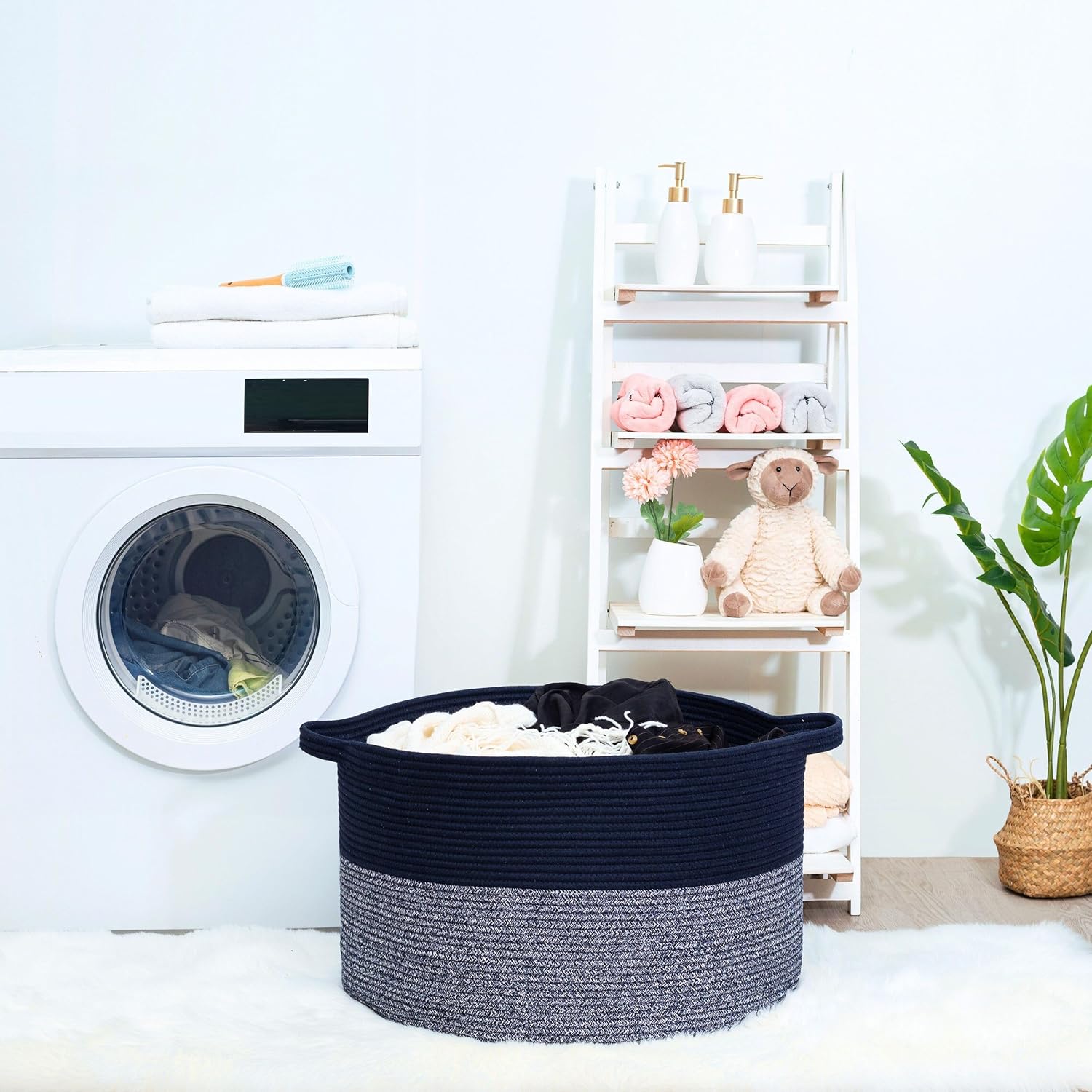 MINTWOOD Design Extra Large 22 x 14 Inches Decorative Woven Cotton Rope Blanket Storage Basket Bin Living Room with Handles and Laundry Hamper for Pillows, Pool Towels, Dog Toys, Shoes, Navy Blue