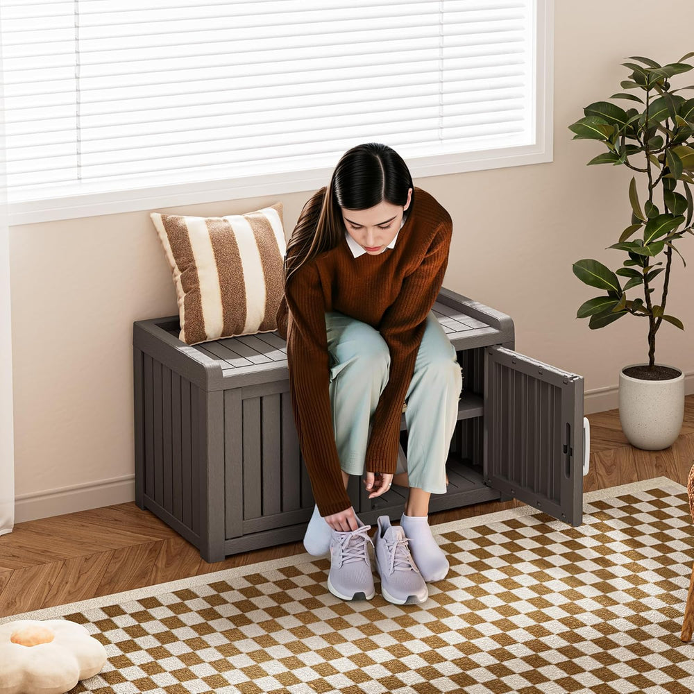 2-Tier Storage Bench, Waterproof UV-Resistant Outdoor Shoe Storage Cabinet wi...
