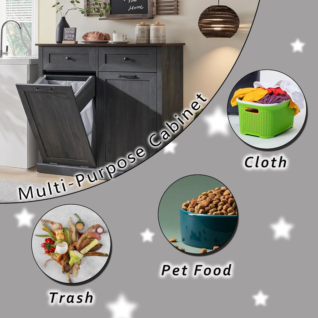 Double Tilt Out Trash Cabinet, 20 Gallon Farmhouse Laundry Hamper Cabinet with 2 Drawers, Hidden Wooden Trash Can Cabinets with Storage Basket for Kitchen, Living Room (Dark Grey)