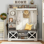75''H 59''W Large LED Farmhouse Hall Tree with Bench and Shoe Storage,Entryway Bench with Coat Rack,16 Shoe Cubbies & Umbrella Holder and Sock Storage Drawer,Mudroom/Hallway Storages Cabinet(white )