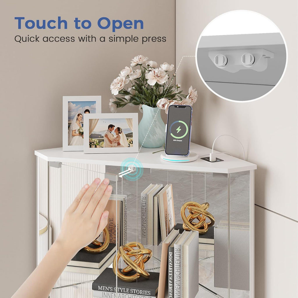Corner Display Cabinet Set of 2 with Glass Doors, Small Display Case with 3-Color LED Lights and Charging Station, 2-Tier Curio Cabinet with Storage and Shelf, White