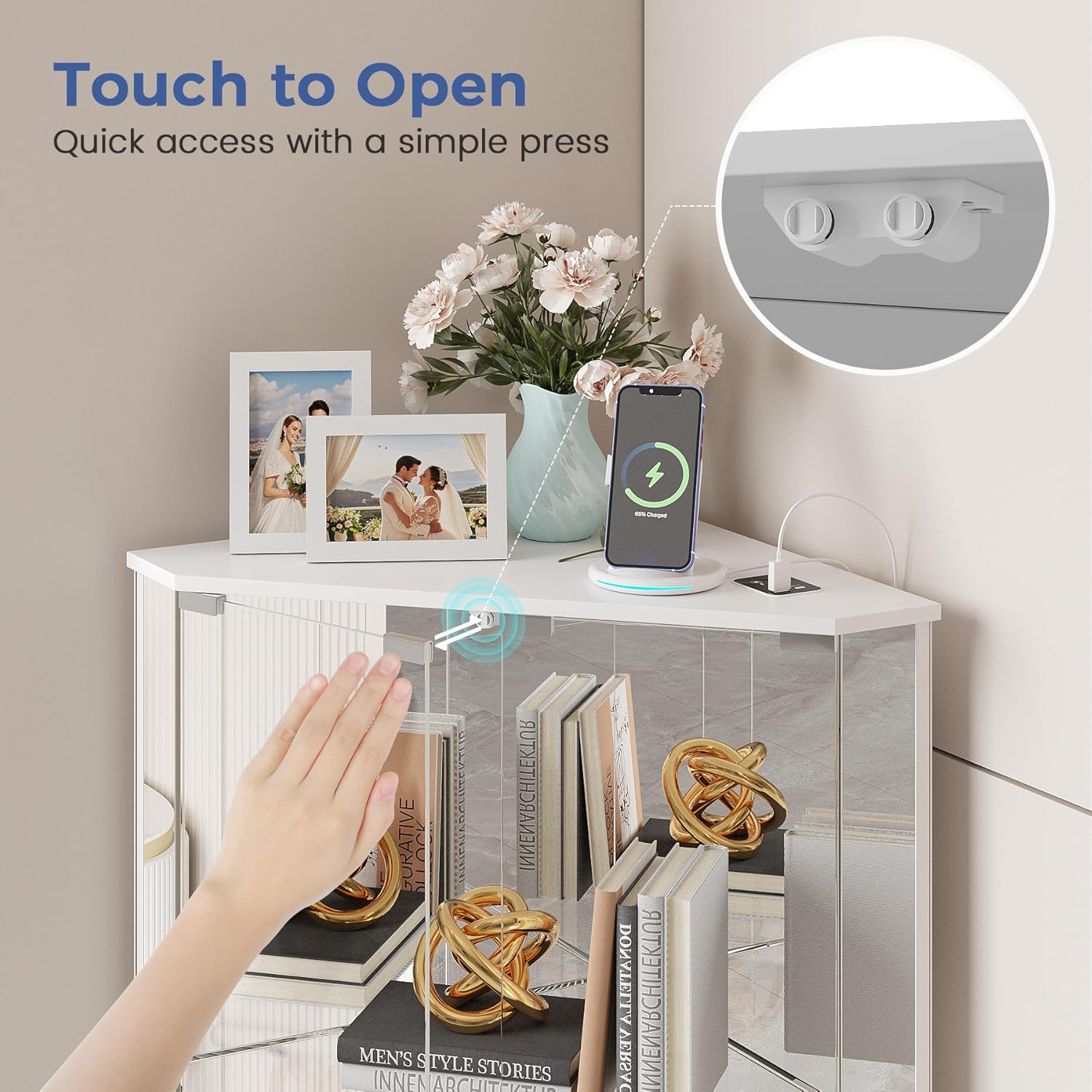 Corner Display Cabinet Set of 2 with Glass Doors, Small Display Case with 3-Color LED Lights and Charging Station, 2-Tier Curio Cabinet with Storage and Shelf, White