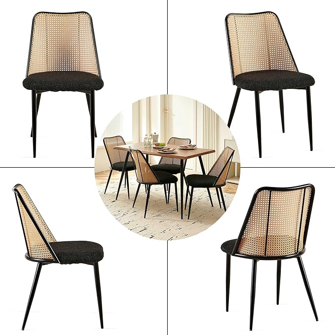 Dining Chairs Set of 2, Boho Rattan Back Dining Room Chairs Upholstered Boucle Round Dining Chairs