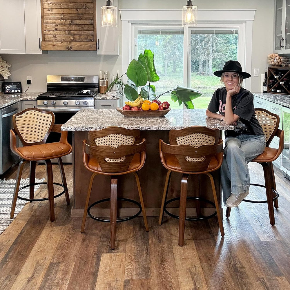 Mid-Century Modern Swivel Counter Stools with Supportive Rattan Back & Ar...