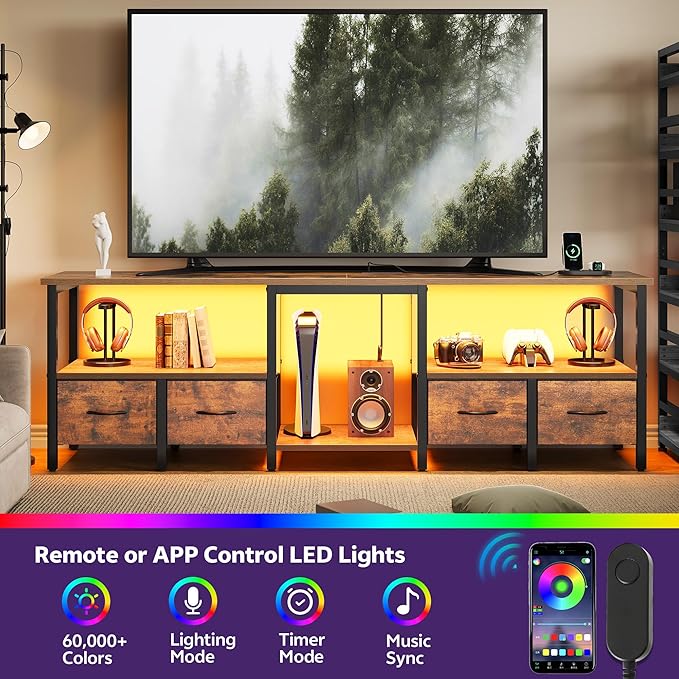 TV Stand for 80/75 Inch TV, LED Entertainment Center with 4 Fabric Drawers and Power Outlets, Modern Industrial TV Media Console for Living Room, Bedroom Storage Cabinet - 71'' Rustic Brown