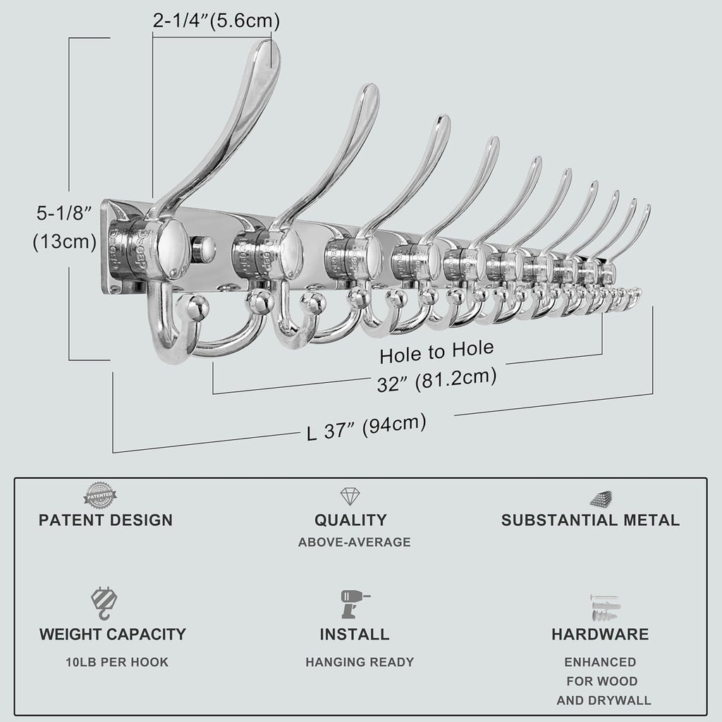 Dseap MaxStrong 2.0 Coat Rack Wall - 37” Long 10 Tri Hooks - Ultra Heavy-Duty Stainless Steel Wall Mount Coat Hanger, Hook Rail for Clothes Hats Jacket Towels Chromed, Pack of 2