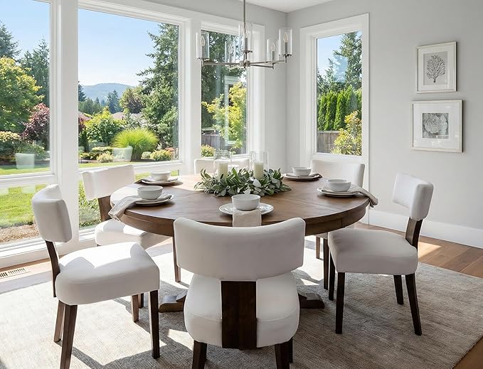 Upholstered Dining Chairs Set of 6, Modern Wooden Kitchen Chairs Fabric Side Dining Room Chair Farmhouse Dinner Chair for Kitchen Dining Room, Cream
