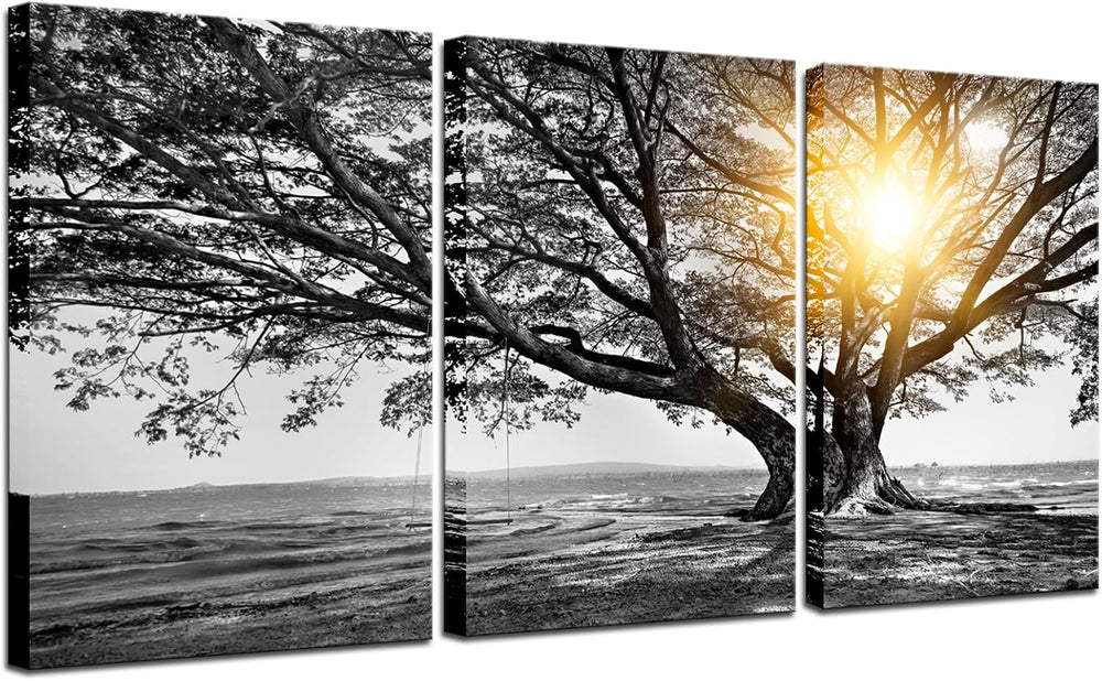 Biuteawal 3 Piece Wall Art Black White Tree at Warm Sunrise Landscape Picture...