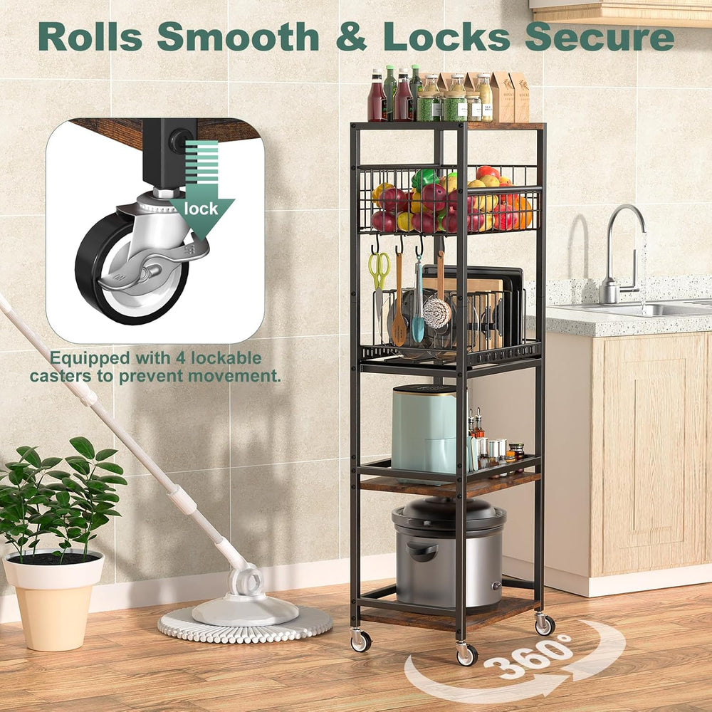 Housolution 5 Tier Kitchen Rolling Cart, Storage Cart with Metal Fruit Vegeta...