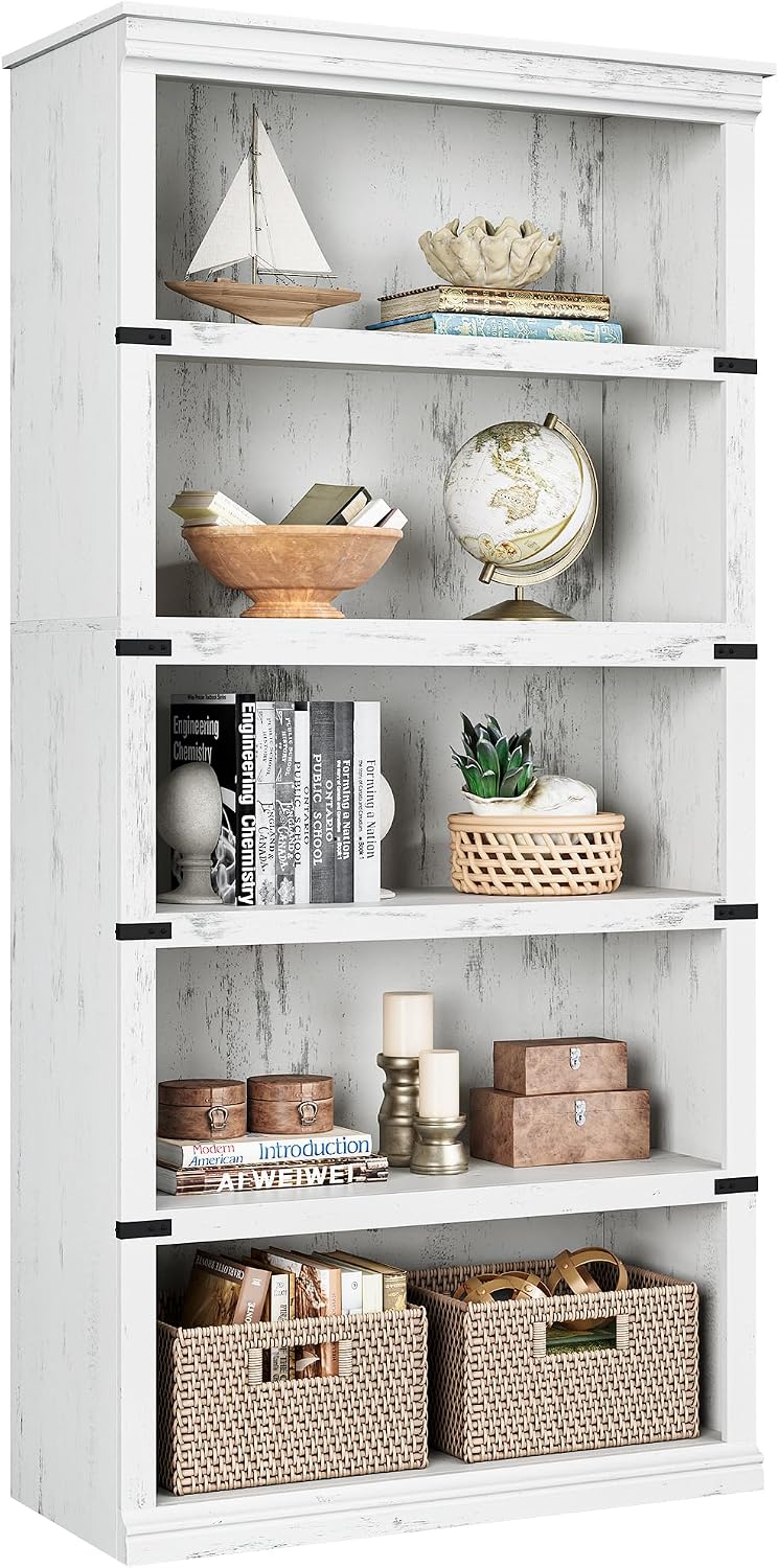 IDEALHOUSE 5 Tier Bookcase, Farmhouse Book Shelf with Storage, Tall Book Case...