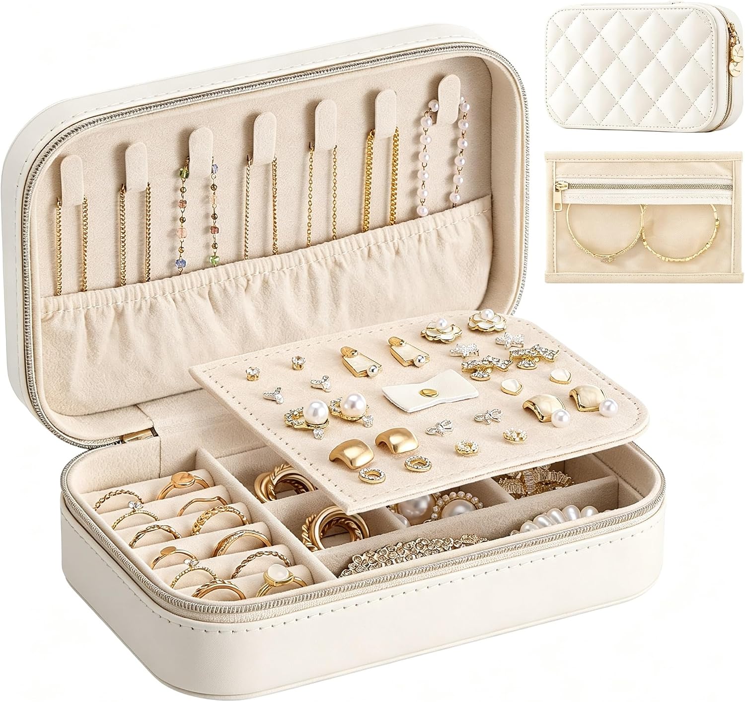 Lolalet Travel Jewelry Case for Women Girls, Travel Jewelry Organizer with Clear Storage Bag Small Portable Jewelry Box for Necklace Bracelet Earring Ring Valentines Bridesmaid Gifts -Medium/Beige