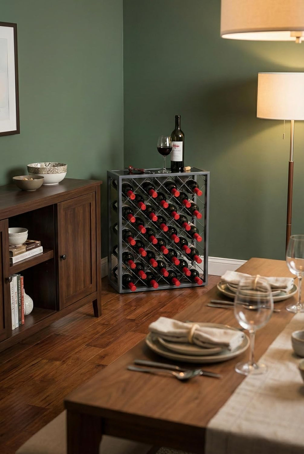Mango Steam 32 Bottle Gray Wine Rack with Gray Glass Top Shelf, Free Standing...
