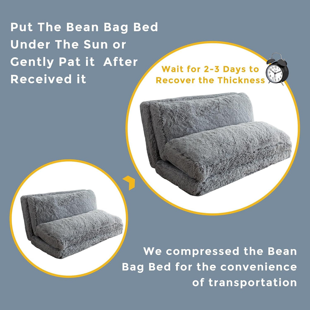 MAXYOYO Bean Bag Chair, Faux Fur Floor Sofa Floor Chairs for Adults, Folding Sofa Bed Foam Filling Wall Couch Chairs, Grey, 54x95 Inch