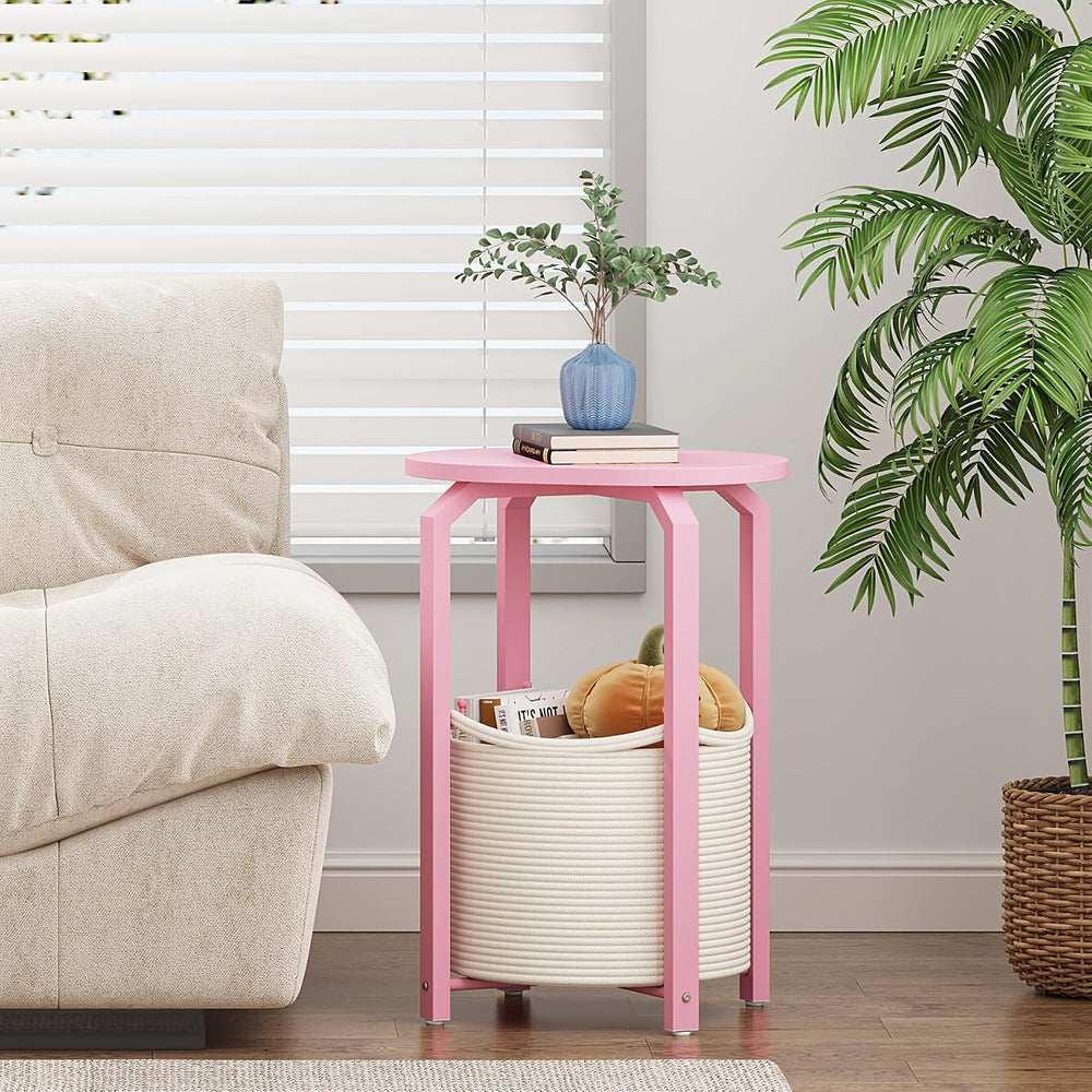 TUTOTAK Oval End Table with Woven Storage Basket, Pink Small Side Table for L...