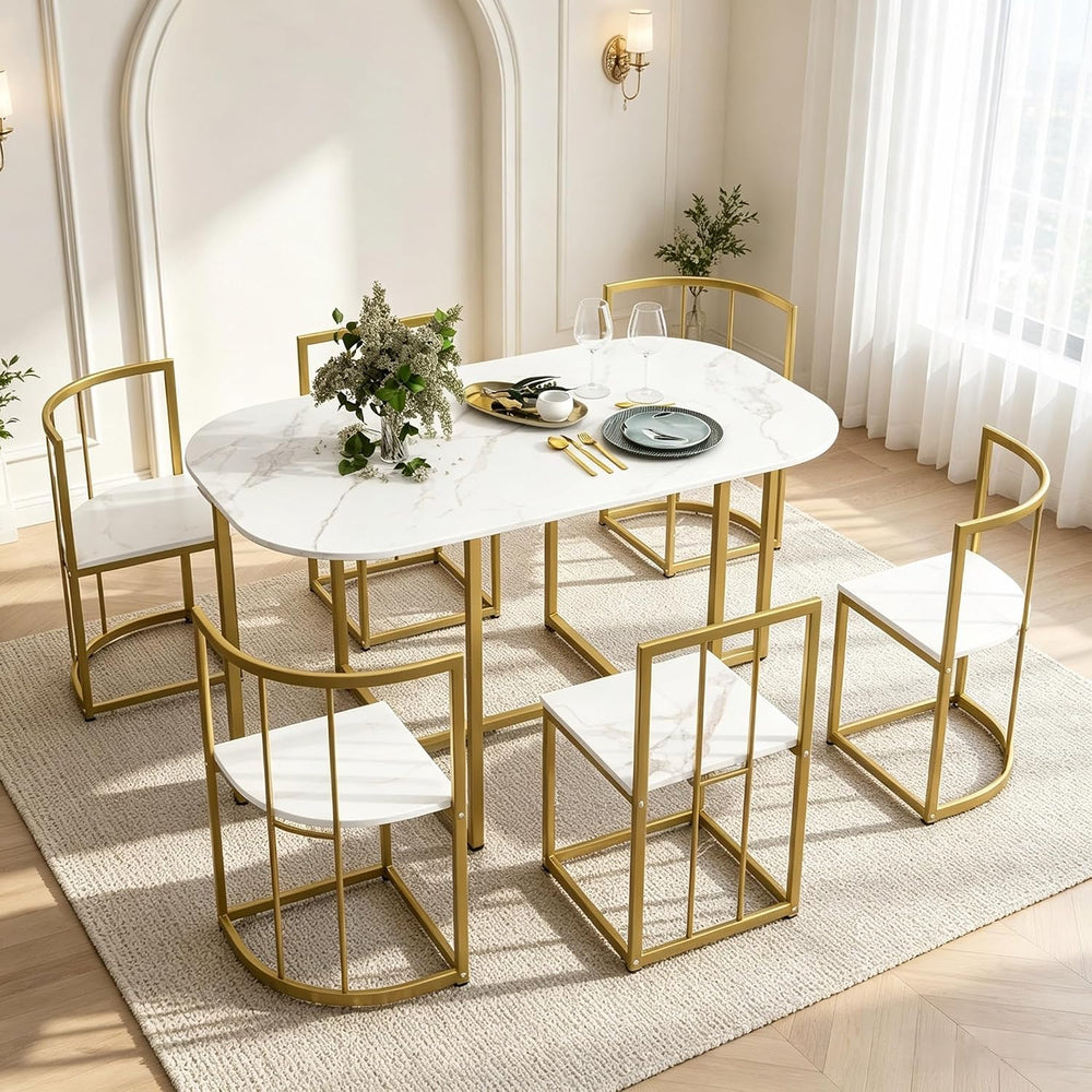 Metal 7 Piece Kitchen Dining Table Set with Chairs for Saving Space Metal Din...