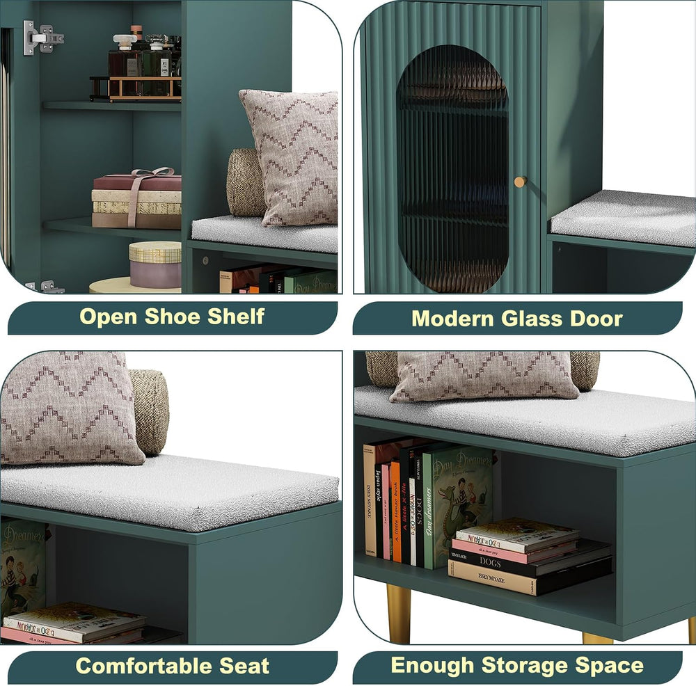 HLR Shoe Storage Bench with Glass Door&Shelf, L-Shaped Shoe Cabinet, Gree...