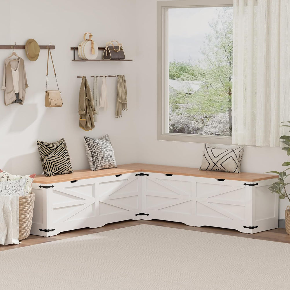 L Shape Kitchen Breakfast Nook Bench, Backless Farmhouse Storage Bench, Corne...
