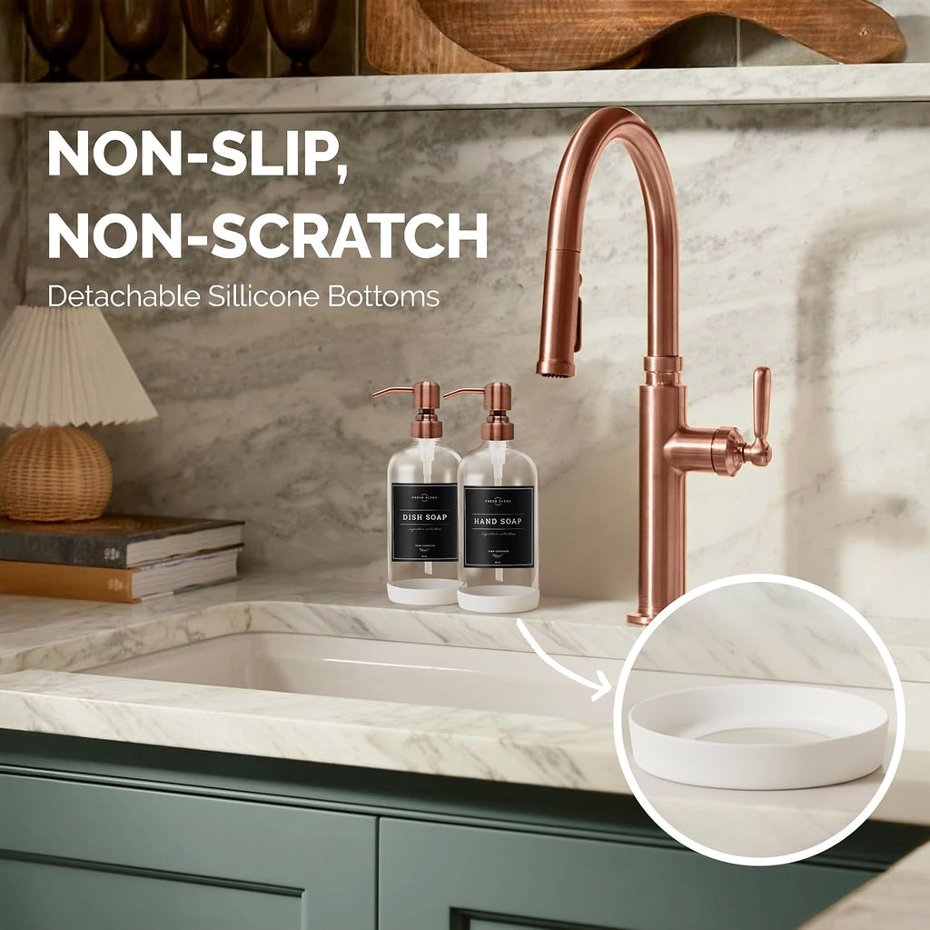 Vine Creations Clear Glass Soap Dispenser, 2 Pack Kitchen Soap Dispenser Set with Stainless Steel Pump, 16 oz Dish Soap and Hand Soap Dispensers for Bathroom with Waterproof Labels
