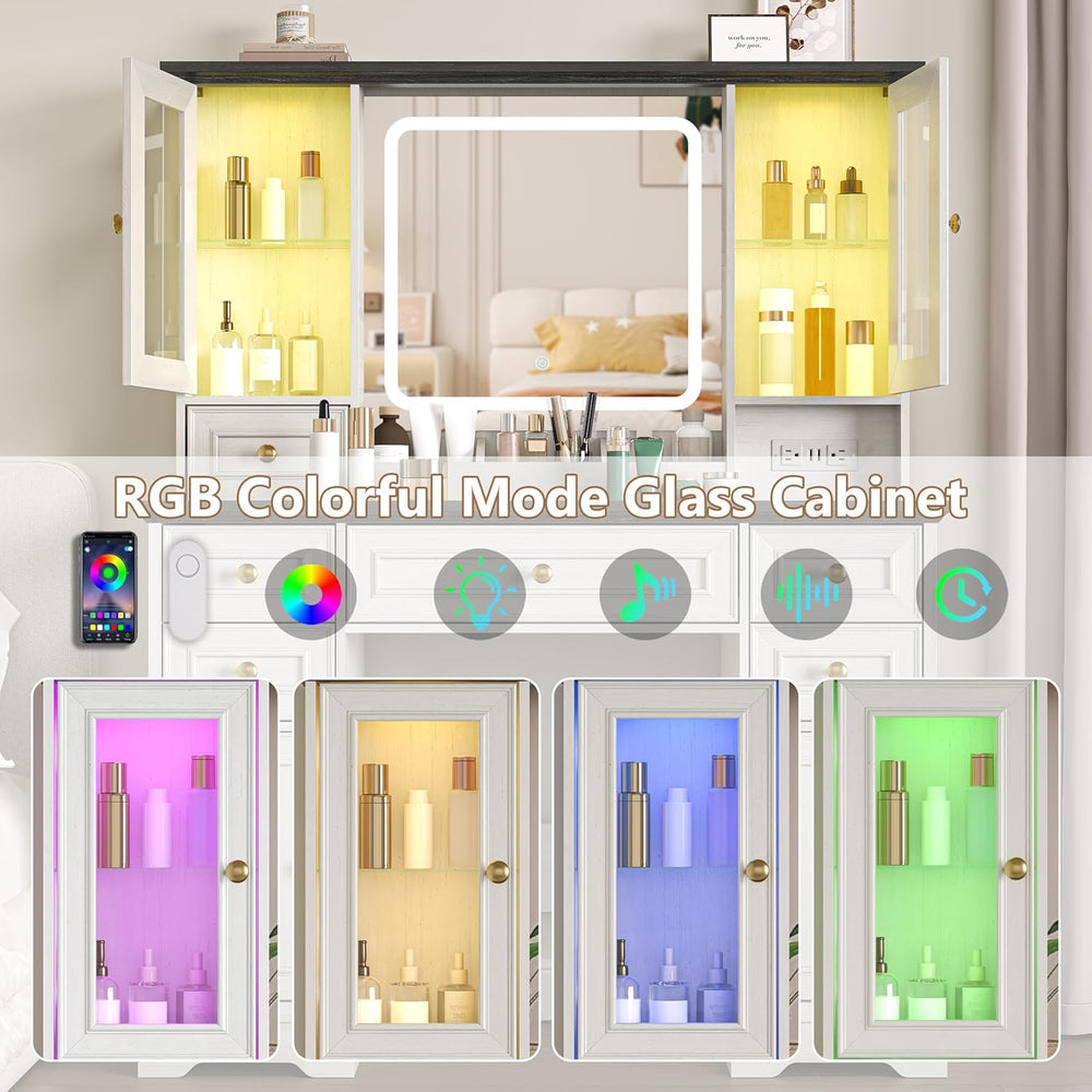 HUANLEGO Farmhouse Makeup Vanity Desk with Mirror and LED Lights, White | Van...