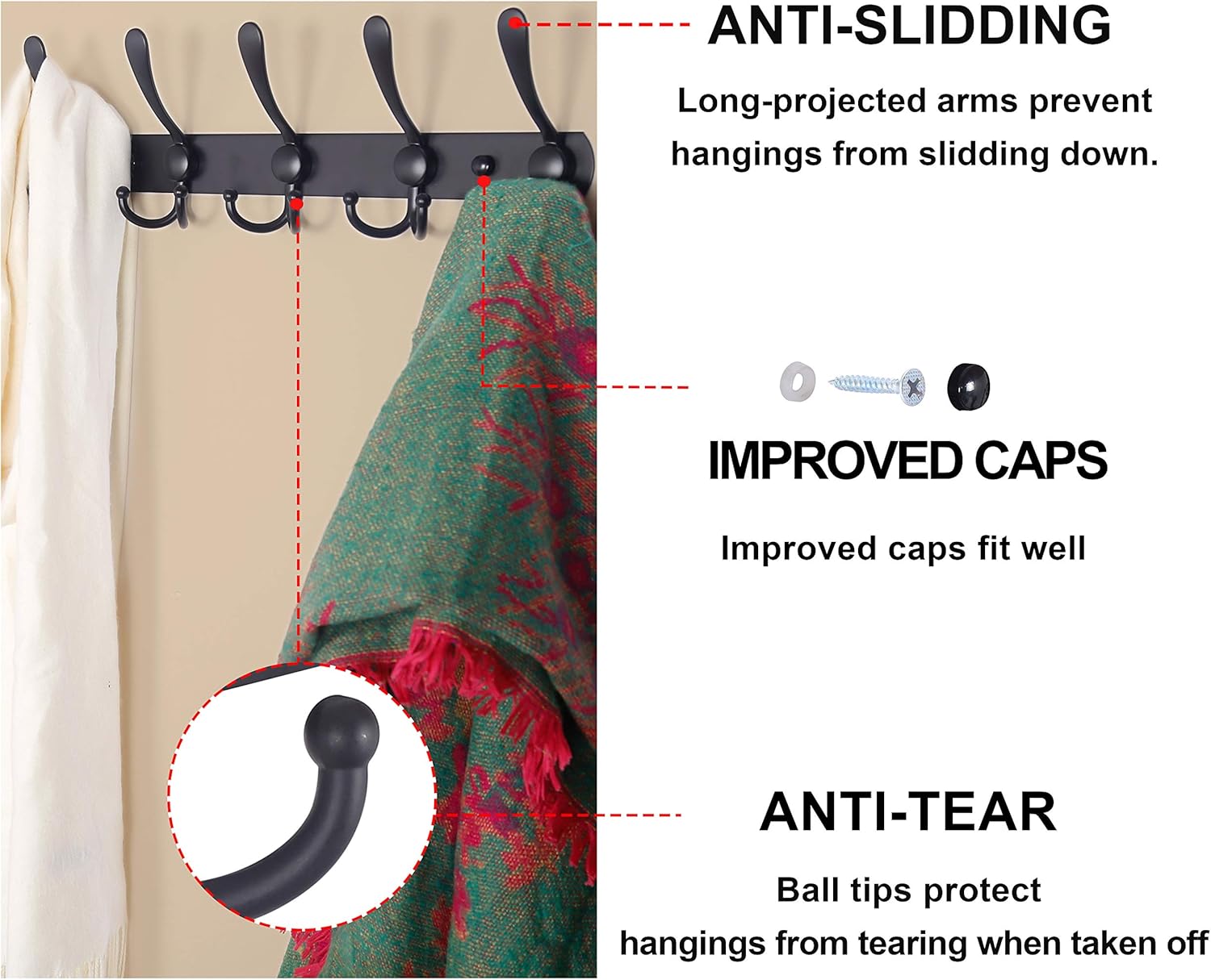 Dseap Coat Rack Wall Mounted - 5 Tri Hooks, Heavy Duty, Stainless Steel, Metal Coat Hook Rail for Coat Hat Towel Purse Robes Mudroom Bathroom Entryway,Black