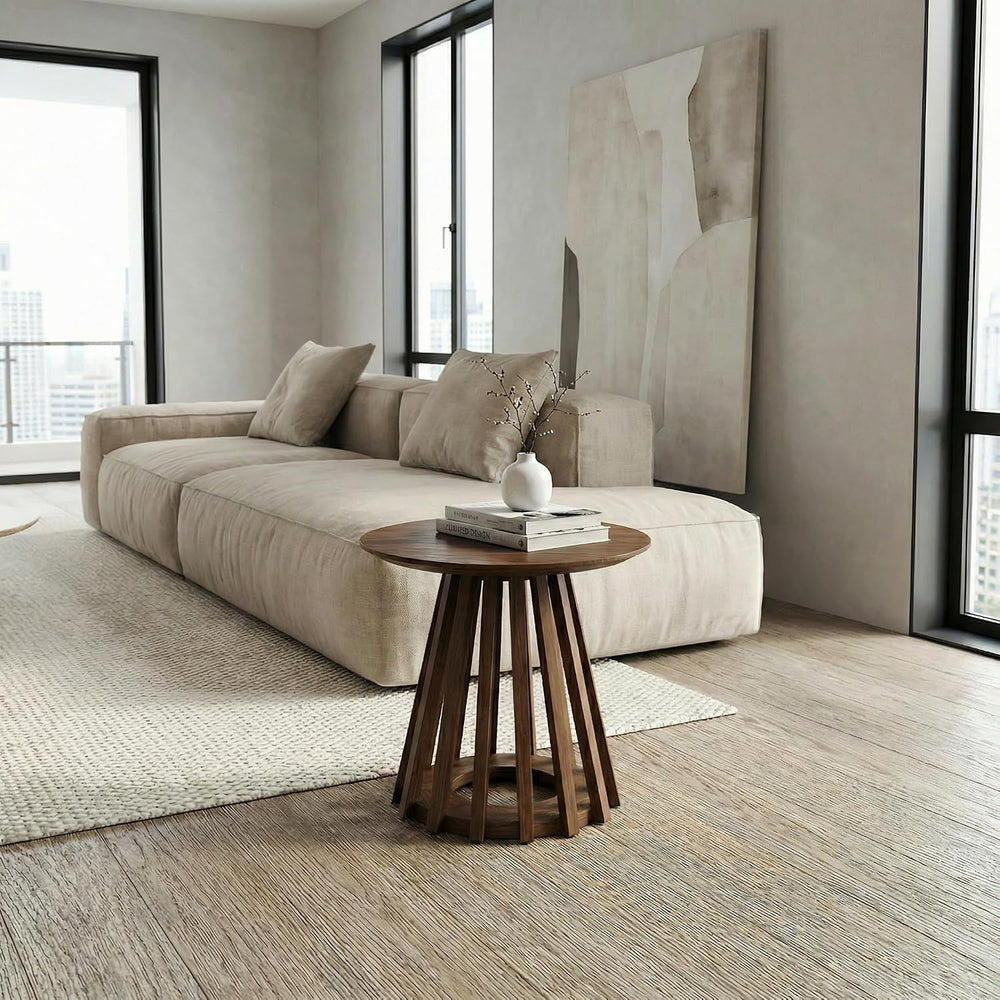 DUOMAY Modern Solid Wood Round Side Table with Geometric Base, Wood Accent En...